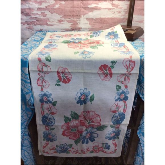Vintage Linen Table Cover Red & Blue Floral 13.5” x 30” Mid Century - Picture 7 of 15